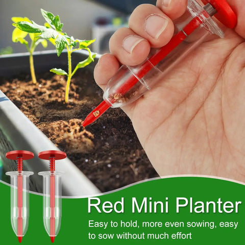 Hand holding Red Mini Planter sowing seeds in garden soil with seedlings, showcasing easy sowing and efficient design.