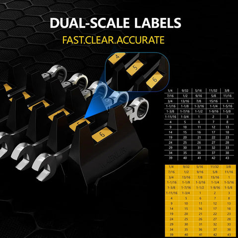 Magnetic Modular Wrench Organizer Set With Wrench Holder And Drawer Rack, Metric And SAE Labels on wrench holders