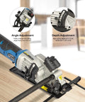Badass Cordless Mini Circular Saw Featuring 4-1/2-Inch Pure Copper Motor And Integrated Laser Guide For Clean Cuts Rapid Setup Lightweight Build with angle and depth adjustment features.