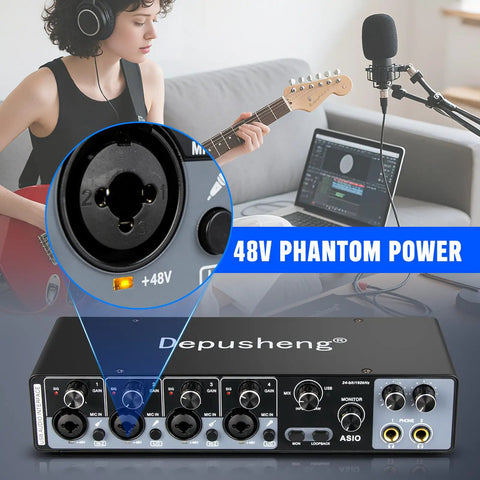 4-Channel USB Audio Interface With ASIO, 24-Bit 192 KHz Recording, 48V Phantom Power, musician playing electric guitar