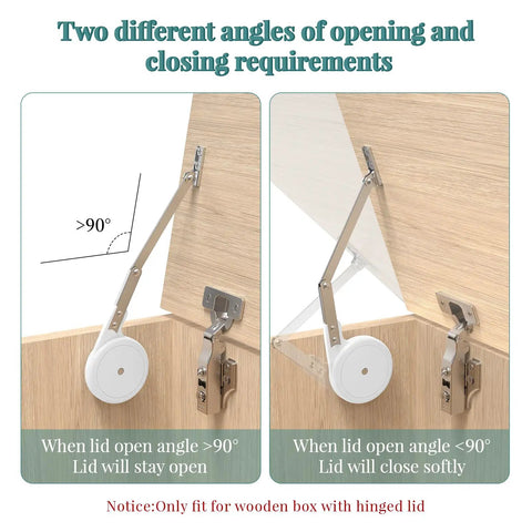 Hella Strong Soft Close Hinges For Toy Boxes showing two opening angles for safe closing and staying open, designed for wooden lids.