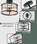 Black Flush Mount Ceiling Light Two Light Crystal Chandelier With Caged Drum Design showcasing matte black finish and crystal prisms.