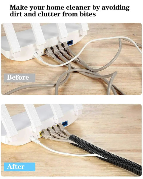 Before and after using One Quarter Inch Wire Loom Split Tubing 100 Ft Black Cord Protector for wires and hoses.