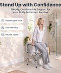 Heavy Duty Adjustable Toilet Safety Bars Featuring Tough As Nails 350 Pound Weight Capacity And No Fuss Assembly NonSkid Pads For Seniors in a bathroom setting.