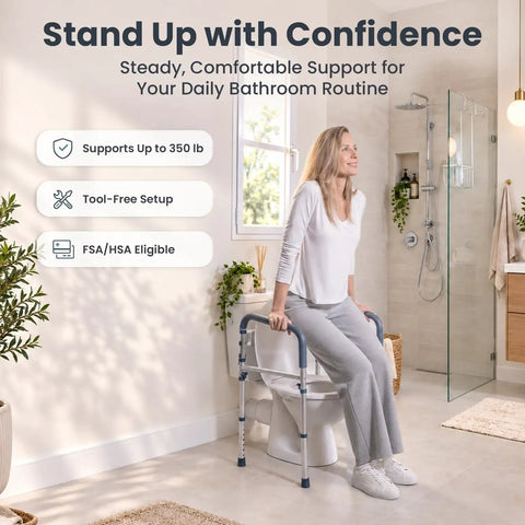 Heavy Duty Adjustable Toilet Safety Bars Featuring Tough As Nails 350 Pound Weight Capacity And No Fuss Assembly NonSkid Pads For Seniors in a bathroom setting.