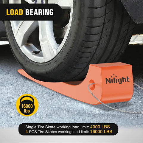 Heavy Duty Wrecker Tire Skids 4 Pack Low Friction Rolling Mats For Flatbed Recovery Gear Locked Wheel Towing Street Ready 4000 Pound Load Rating Orange Tow Gear with tire resting on a neon orange skate