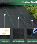 Heavy Duty Garden Weed Barrier Landscape Fabric Ground Cover 4 Pack 100 Ft Rolls With 30 U Shaped Securing Pegs Premium Polypropylene Weed Control Mat for Garden Beds And Pathways showing UV protection, high density weave, and cut ability features