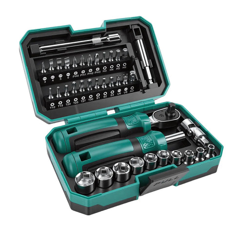 Knockout Metric Ratchet Wrench Set Featuring 10 Sockets Spanning 4 To 13 Millimeters, precision bits and extensions in a durable case.