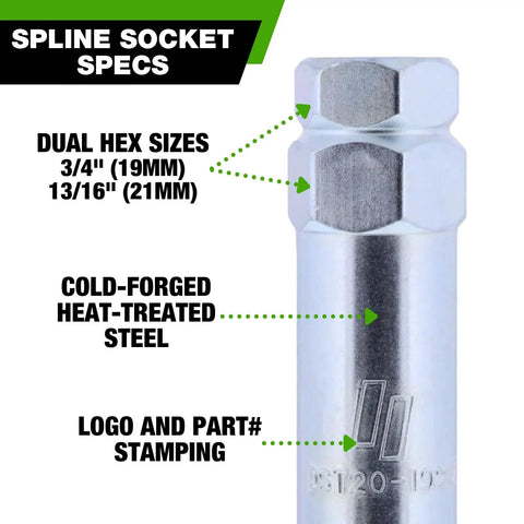 Shop Grade 6 Spline Socket Adapter For Small Spline Lug Nuts And Wheel Bolts Featuring Dual Hex Drives And Replacement Key Design, showing dual hex sizes and heat-treated steel.
