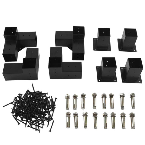 Heavy Duty 3 Way Corner Post Bracket Kit With Black Powder Coated Steel For Six By Six Lumber DIY Elevated Wood Stand Rustproof Weatherproof Hardware Set 8 Pieces