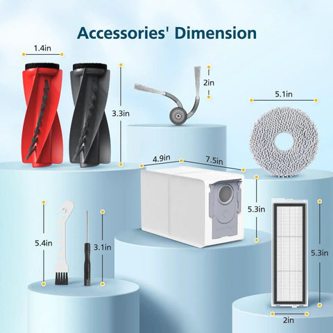 Dimensions of Must Have Replacement Vacuum Parts Kit For Roborock S5V Curv Edge Edge S5A Curv S5X showing brushes, mop pads, and filters
