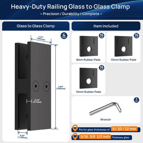 Heavy Duty Glass To Glass Clamp Set No Drill Install For Frameless Railing Black T304 Stainless Steel With Dual Powder Coating 180 Degree Clamp Pack Of 4 For Pool Fence Balustrade Indoor Outdoor shown with dimensions and included items.