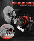 Professional Grade 52CC Two Stroke Gas Concrete Cutting Saw Featuring A Rugged Workhorse Design With 13 Inch Diamond Blade And Sturdy Rubber Wheels For Quick Slab Jobs close-up of adjustable knob and blade on concrete cutter