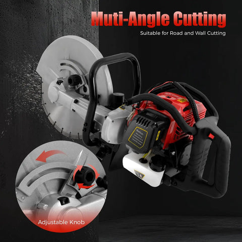 Professional Grade 52CC Two Stroke Gas Concrete Cutting Saw Featuring A Rugged Workhorse Design With 13 Inch Diamond Blade And Sturdy Rubber Wheels For Quick Slab Jobs close-up of adjustable knob and blade on concrete cutter