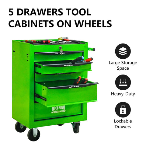 Heavy Duty Rolling Tool Cart Featuring Locking Casters and Smooth Ball Bearing Drawer Slides for Garage Organization or Mechanic Workshop Storage Slick Green Steel Build Hella Tough for Daily Jobs, 5-drawer cart with tools.
