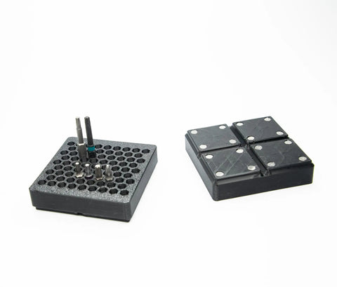 Modular 1/4-Inch Hex Bit Organizer System With 77 Slots For Fast Access Driver Bit Holder For Toolbox And Workbench Storage Gridfinity Compatible Black Finish 84 mm By 84 mm showing grid layout