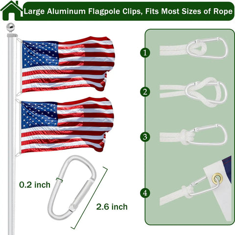 American flag on pole with large aluminum flagpole clips, demonstrating Garden Flag Pole Pulley And Rope Kit For 2 to 2.6 Inch Poles.