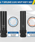 Premium Heavy Duty 6 And 7 Spline Lug Nut Keys Socket Set For Bmw Audi Toyota Wheels 41/64 Inch And 3/4 Inch Sizes Ninja Grip Design in black.