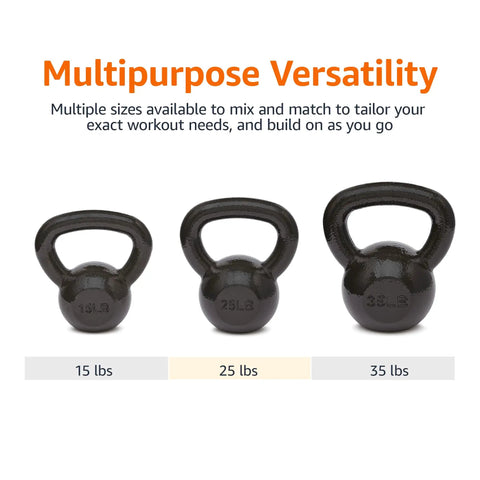 Rock Solid Cast Iron Kettlebell Thirty Five Lb Weight With Wide Comfort Grip shows 15 lb, 25 lb, and 35 lb kettlebells for versatile workouts.