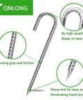 Heavy Duty 12 Inch Galvanized J Hook Ground Anchors Set Built To Last For Tents Plants Landscape Fabric And Artificial Turf Anti Rust Stakes That Stand Up To Wind And Weather, showing spiral design and pointed tip