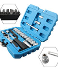 29 Piece Ratchet Socket Wrench Set Made From Heat Treated Chrome Vanadium Steel With Metric Sockets Driver Bits Extensions And Dual Direction Handle Perfect For Auto Repair Or Furniture Assembly A Hardcore Workshop Tool That Works Like A Charm in blue case showing sockets and wrench.