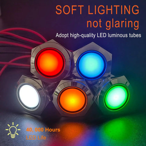 Pair 22mm Metal Indicator Light Panel Mount Seven Eighths Inch Hole Super Bright Red LED Waterproof IP67 for marine use.