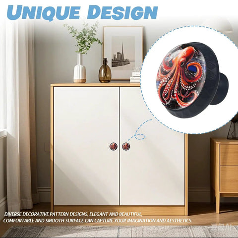 Seriously Stunning Crystal Cabinet Knobs With A Bold Red Octopus Artwork and Retro Mushroom Vibes on modern dresser.
