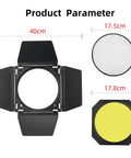Heavy Hitter Seven Inch Barn Door Lighting Kit With Adjustable Honeycomb Grid And Four Pumped Up Color Gel Filters For Dialing In Crisp Beams on studio background.