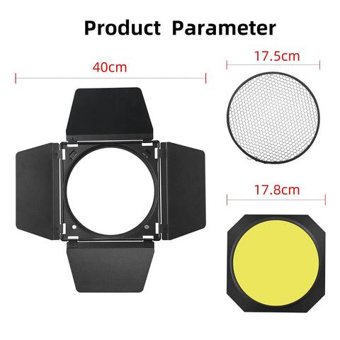 Heavy Hitter Seven Inch Barn Door Lighting Kit With Adjustable Honeycomb Grid And Four Pumped Up Color Gel Filters For Dialing In Crisp Beams on studio background.
