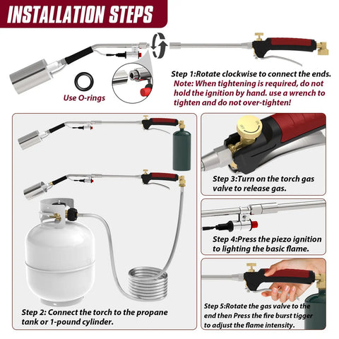 Installation steps for Heavy Duty Propane Weed Torch Kit with Turbo Trigger, showing hose connection and ignition process.
