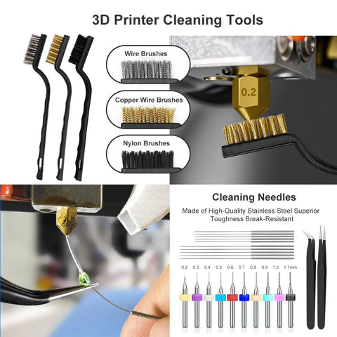 Goes Hard 82 Piece 3D Printer Tool Kit With Rugged Carry Case For Nozzle Sweeping Print Removal And No Sweat Daily Repairs Brushes Needles Cutter showing wire brushes, cleaning needles, and detailed tools.