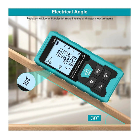 Heavy Duty 100 Meter Green Laser Rangefinder Rechargeable Digital Distance Measuring Tool showing electrical angle measurement on wood