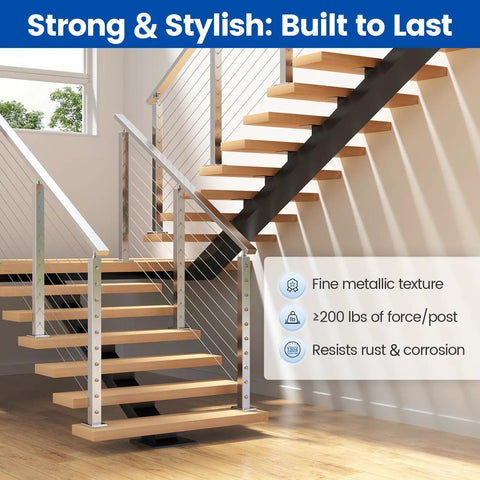 Modern indoor staircase with 36 Inch Stair Cable Railing Post 2x2 Surface Mount Brushed T304 Stainless Steel For Indoor Outdoor Stairs 25 To 35 Degree Install End Or Mid Post Pre Drilled With 10 Angle Holes
