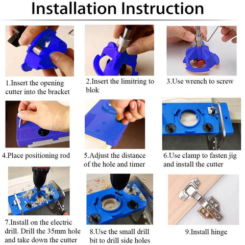 Installation steps for Pro Grade 35mm Concealed Hinge Jig Kit With Drill Bits For Easy Cabinet Door Install.