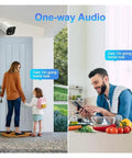 Kickass Outdoor POE IP Security Camera With 8MP 4K Resolution and Smooth H265 Encoding For Crisp Night Vision Plus AI Humanoid Detection and Vandal Proof Metal Build For Zero Hassle Surveillance showing one-way audio feature with mother and child.