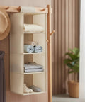 Vertical Hanging Closet Shelf Organizer Multi Tier Open Compartments Hella Efficient Linen Sock Towel Storage No Drilling Needed Super Easy Access To Maximize Closet Height with folded clothes and towels