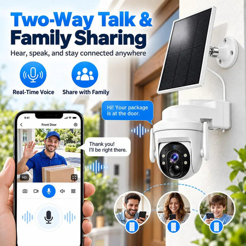Hassle Free Wireless Solar Security Camera For Yard And Driveway With Smooth 3Mp Hd Clarity and Two Way Talk in use with smartphone.