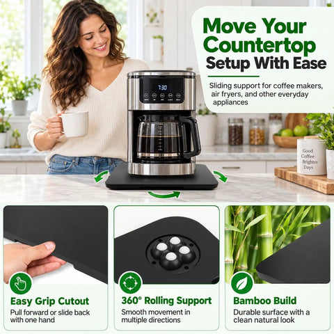 Heavy Duty Rolling Bamboo Appliance Slider Tray Easy Roll Kitchen Organizer For Coffee Makers Air Fryers Toasters with Easy Grip Cutout.