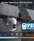 Wireless Outdoor Security Camera System With 2K Color Night Vision 360 Degree Panoramic View Battery Powered Spotlight And Siren WiFi Enabled Motion Sensor Two Way Audio 4 Pack mounted on outdoor wall in rain