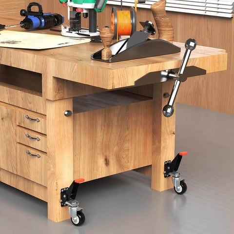 4-Pack Retractable Workbench Casters Kit - Heavy Duty 660 lbs Bench Caster Wheels attached to a sturdy wooden workbench.