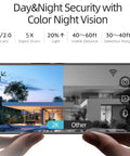 Hands holding a smartphone displaying a split 2K day and night view of a house, showcasing the 4 Pack 5G And 2 4G Wireless Security Cameras Outdoor Indoor Battery Powered 2K AI Motion Detection Siren Alarm WiFi Home Surveillance Color Night Vision Two Way Talk IP65 Waterproof Alexa Compatible Cloud Or SD Storage capabilities.