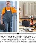 Grab And Go Heavy Duty Plastic Tool Box With Carry Handle Hella Sturdy PP Plastic Case For Cars Garage Or Gear Sorting Foldable Lightweight Yet Super Durable Travel Organizer Kit held by a man.
