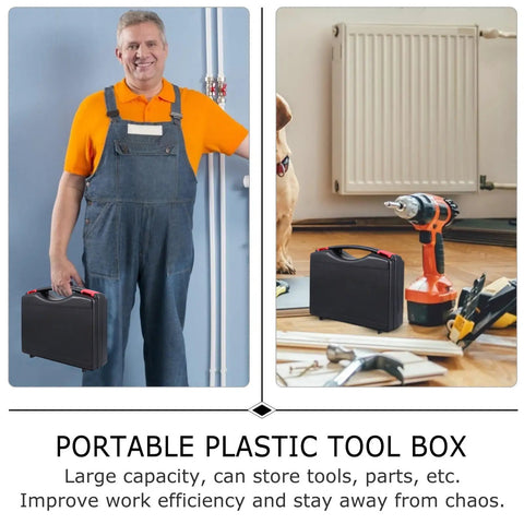 Badass Portable PP Plastic Toolbox Featuring Bulletproof Shock Resistant Shell And Ergonomic Carry Handle For Organizing Power Tools Hand Gear And Hardware Needs And Spare Parts Today with a worker in overalls.