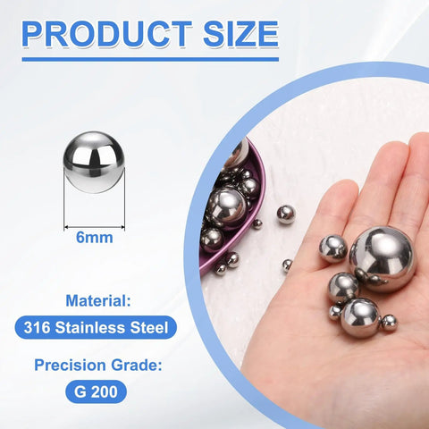 20 Pcs Of 6mm Precision 304 Stainless Steel Bearing Balls, G200 Grade in hand, shiny finish, for DIY and mechanic jobs.