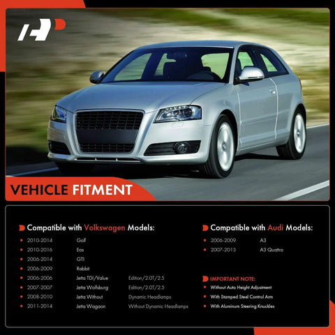 Vehicle fitment image for Eight Piece Front Suspension Upgrade Kit With Rock Solid Lower Control Arms And Ball Joints For Audi A3 And Volkswagen Jetta Models.