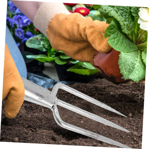 Heavy Duty Garden Fork Broad Fork For Gardening And Digging, shown loosening soil next to potted plant, steel tool with comfortable grip
