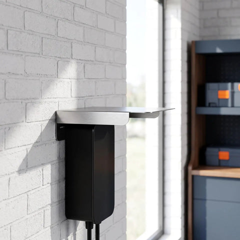 Premium Stainless Steel Outdoor Charger Rain Cover Weatherproof Charging Station Protector attached to wall with black unit.