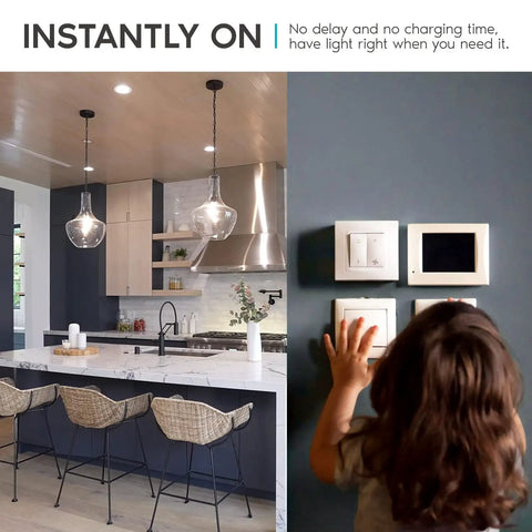 Child turning on light switch in modern kitchen with Super Bright A19 LED Bulbs 100 Watt Equivalent Dimmable 3500K Natural White.
