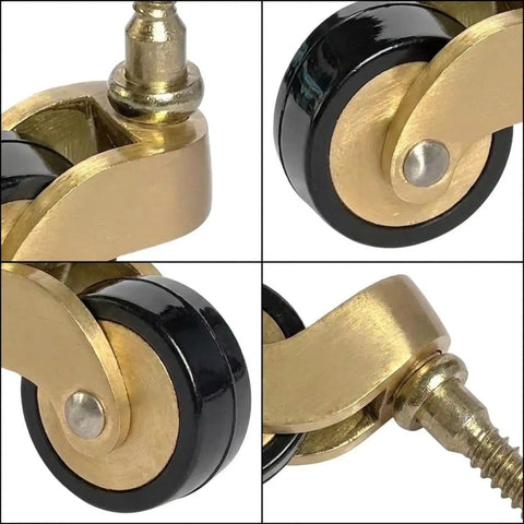 Close-up of Solid Build Heavy Duty Brass Caster Wheels With Seamless 360 Swivel Ball Bearing Vintage Industrial Stem.