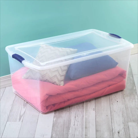 Extra Large Clear Storage Bin with Lid Stackable Plastic Tote Hella Spacious Snap Latch Game Changer for Home Organization with blankets and pillows